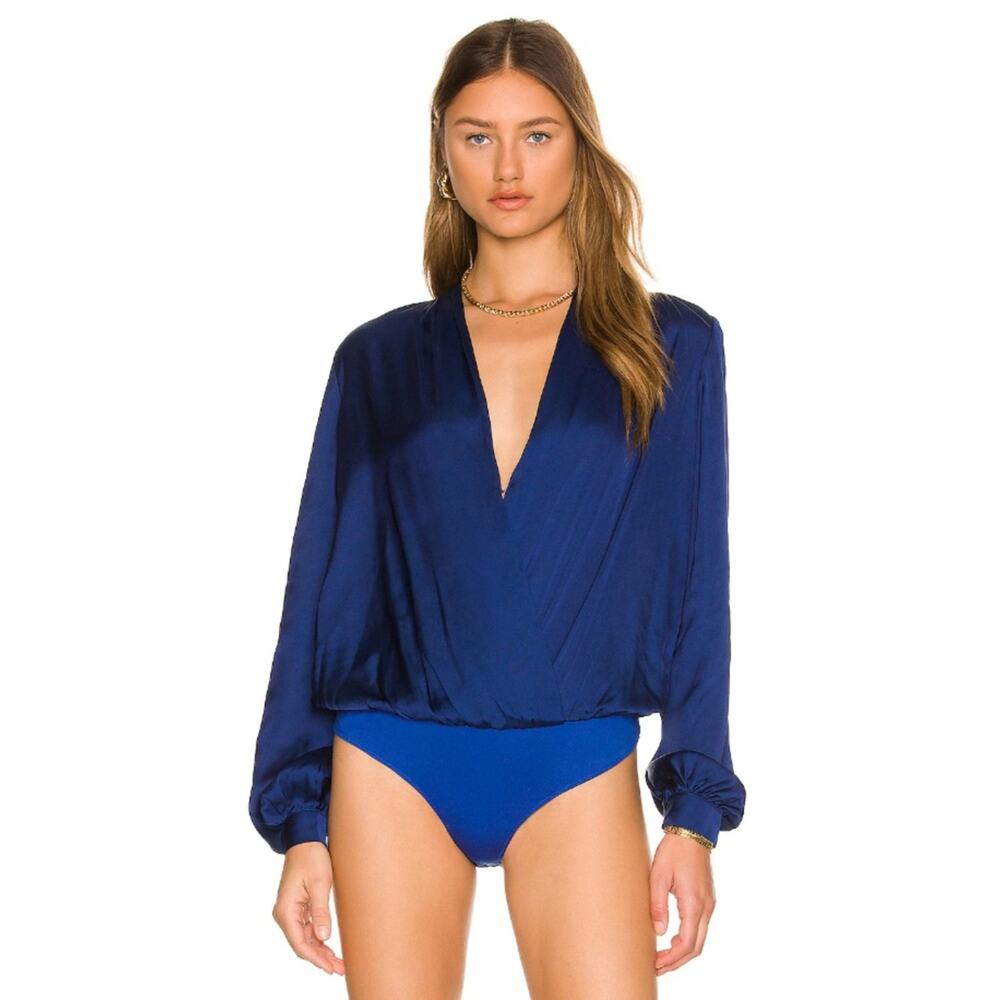 L'Academie The Long Sleeve Bodysuit Plunge Neck Satin Party Cocktail Evening S